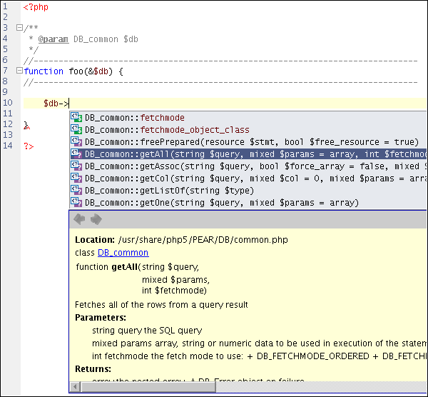 code completion example in zend studio