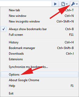 select options from the wrench icon menu