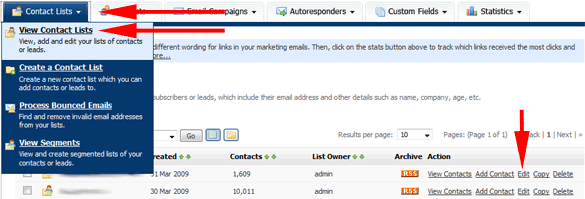 viewing the contact lists