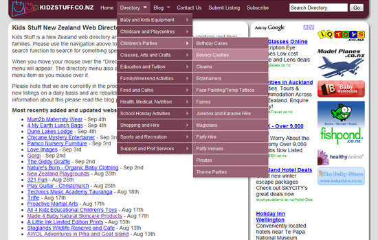 kidzstuff website using jquery suerfish plugin