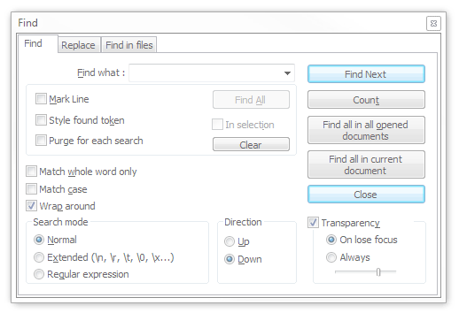 notepad++ with a transparent find and replace dialog