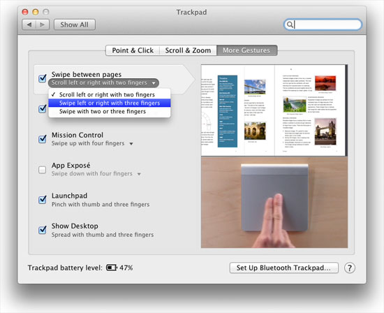 swipe between pages in mac osx lion