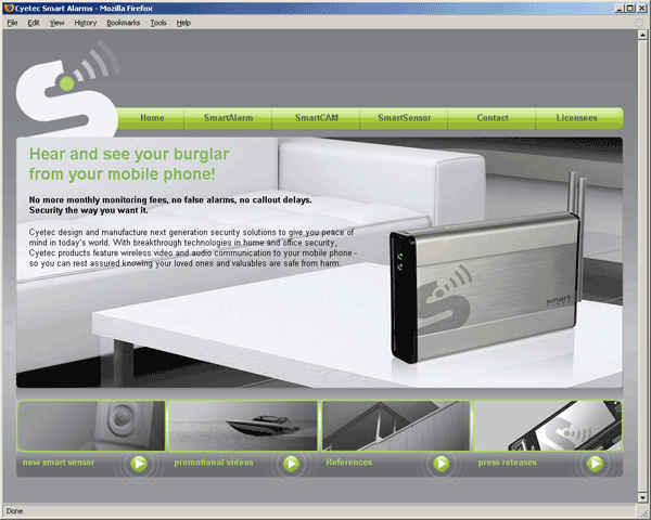 screenshot of the cyetec smart alarms website