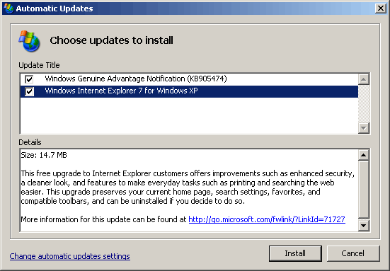 windows xp update includes internet explorer 7