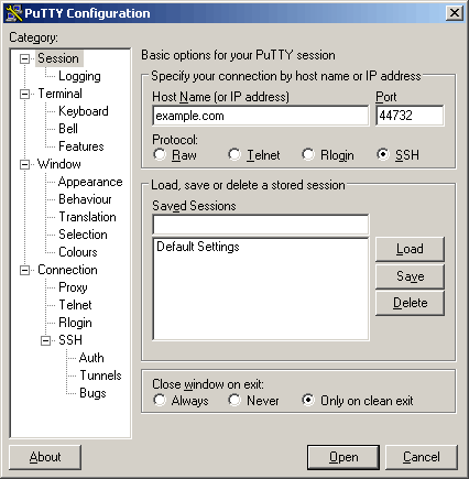putty with different port selected