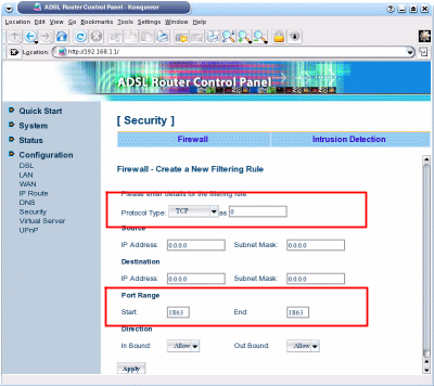 Opening
MSN and ICQ ports on a RTA220 firewall